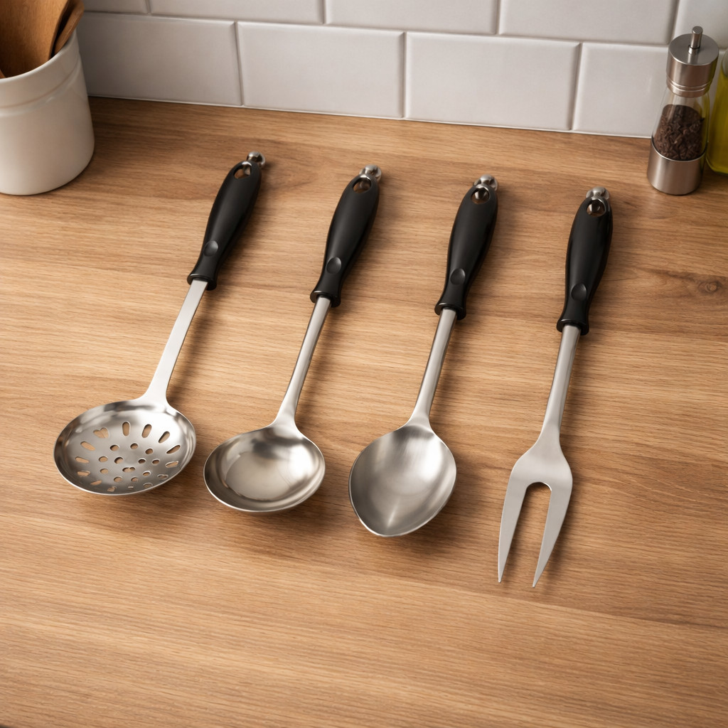 Kit Inox Cozinha Escumadeira Colher Garfo Concha Cabo Preto Utensilio Uso Diário