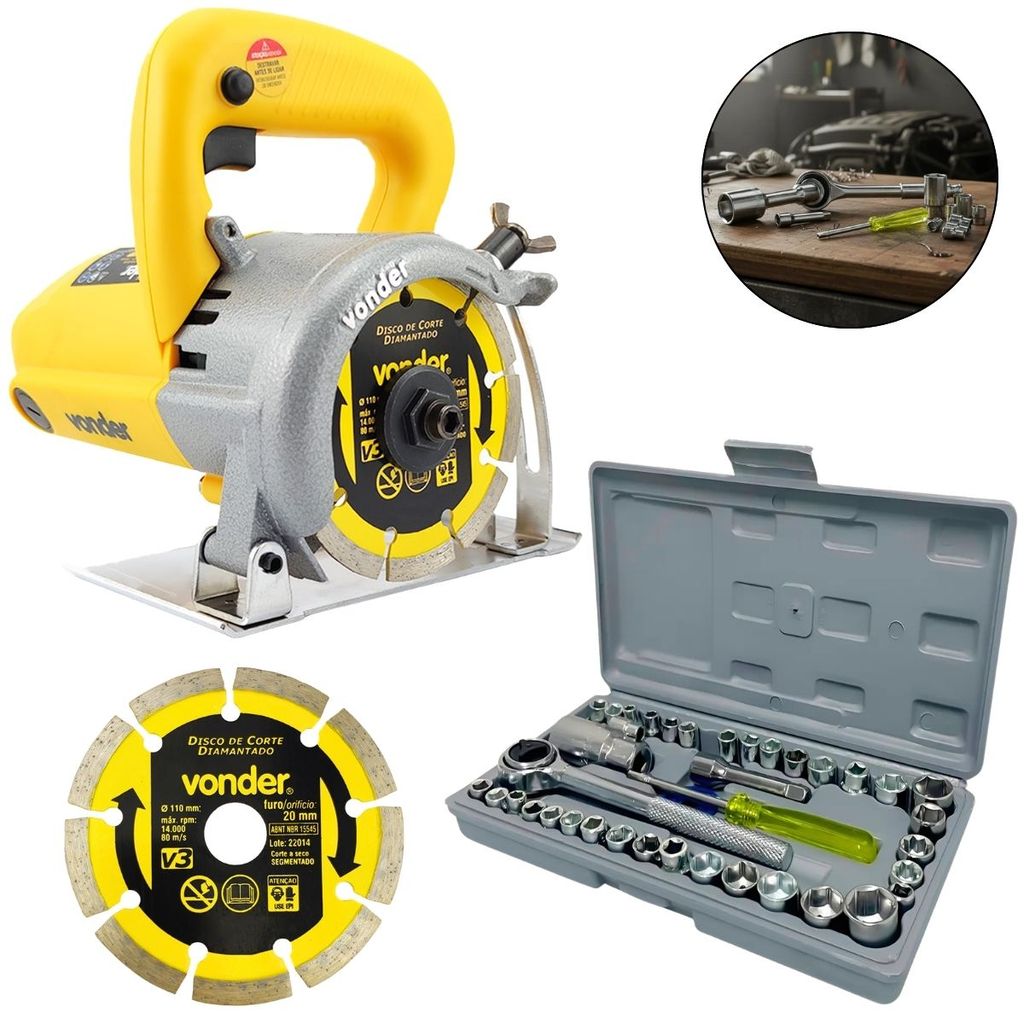 Kit Serra Mármore 1300W + Soquetes 40 Peças Corte Preciso Profissional