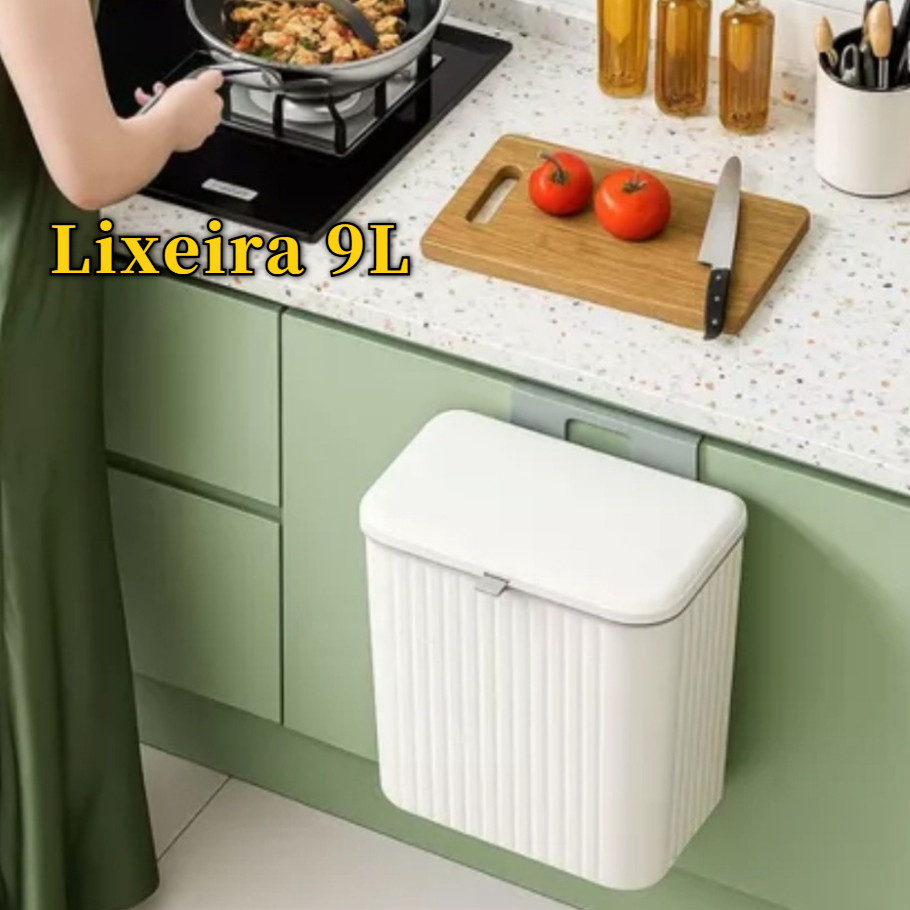 Lixeira Suspensa Sem Furo 9L - Tampa Retrátil, Multiuso Para Porta Armário, Cozinha E Banheiro