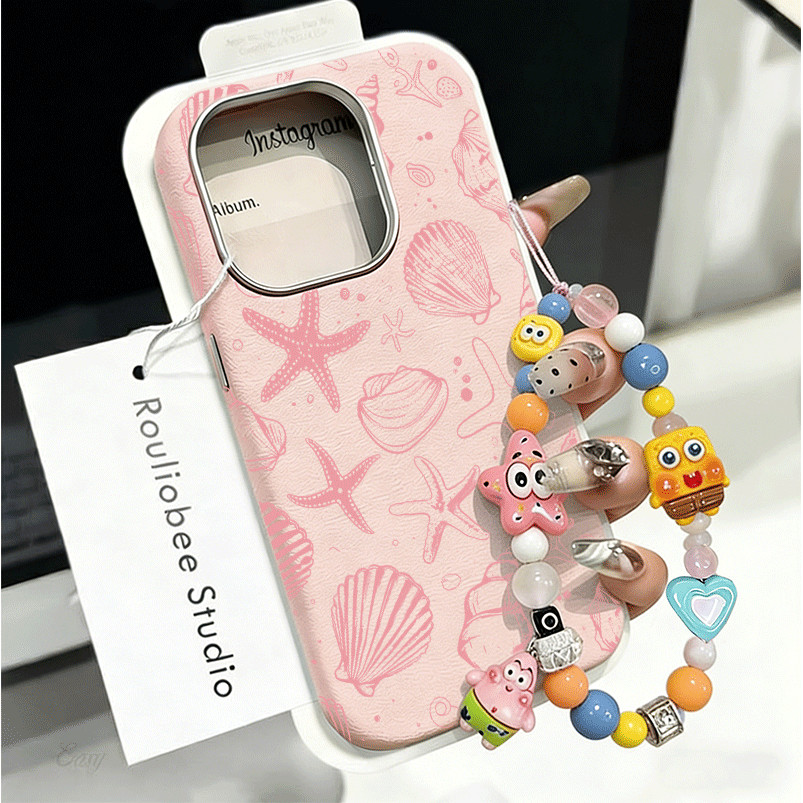 Kit Capinha Corrente Capa Coruro Para IPhone 13 11 12 16 15 14 17 Ar Normal Plus Pro Max Couro Concha Rosa Caso