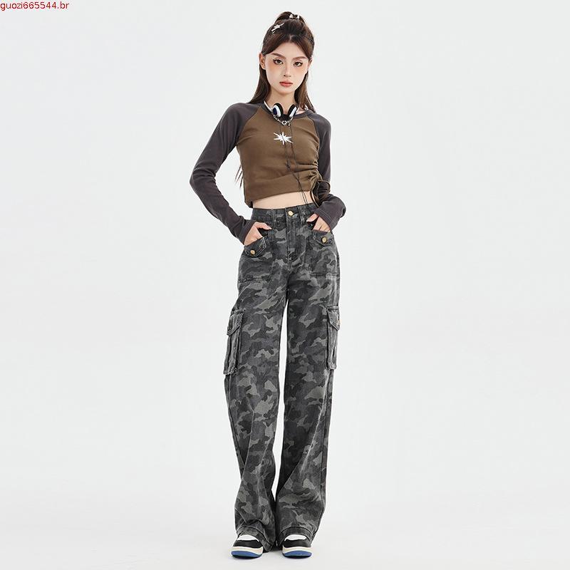 calça cargo preta calça cargo jeans Estilo americano cinza camuflagem macacão feminino 2024 novo estilo cintura alta ma