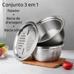 Kit 3 em 1 Inox Ralador com Tigelas | Escorredor + Bacia + Fatiador Multifuncional