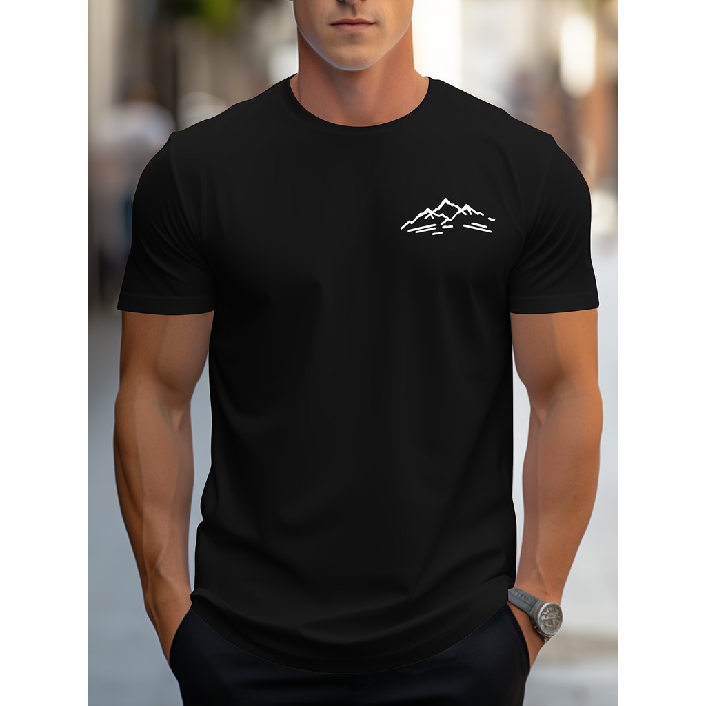 Camiseta Masculina De Algodão Estilo Minimalista com Estampa De Montanha Casual, Manga Curta, Gola Redonda, Moda Verão
