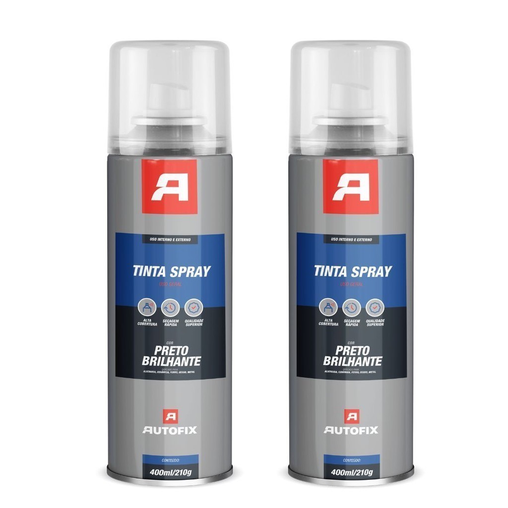 Kit 2 Tintas Sprays Uso Geral 400ml - Autofix 400ml / 210g - Preto Brilhante