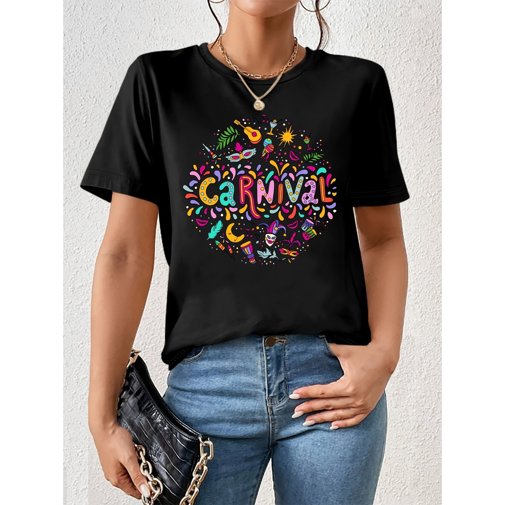 Camiseta Feminina Carnaval Brasileiro Letras Estampa Gola Redonda Manga Curta Primavera Verão Divertida Confortável