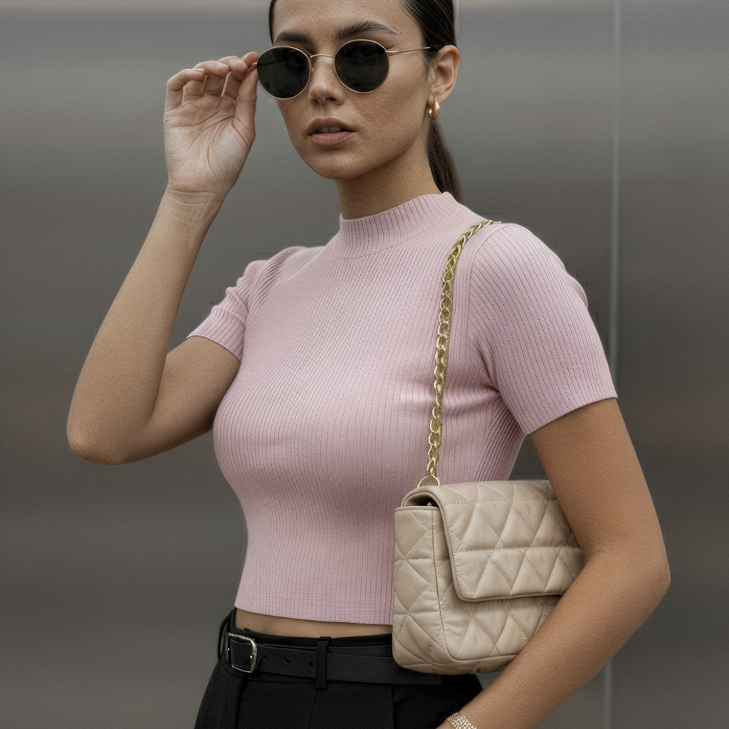 Baby Tee Cropped Canelado Gola Alta Feminina Blusa Manga Curta Slim Gola Media Moda Gringa Casual Blogueira Verão Ribana