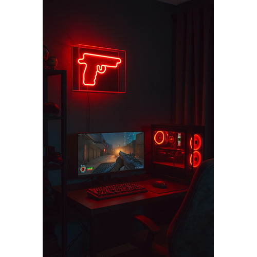 Painel Decorativo Led Neon Formato Arma Pistola Decor Gamer Vermelho 127/220v