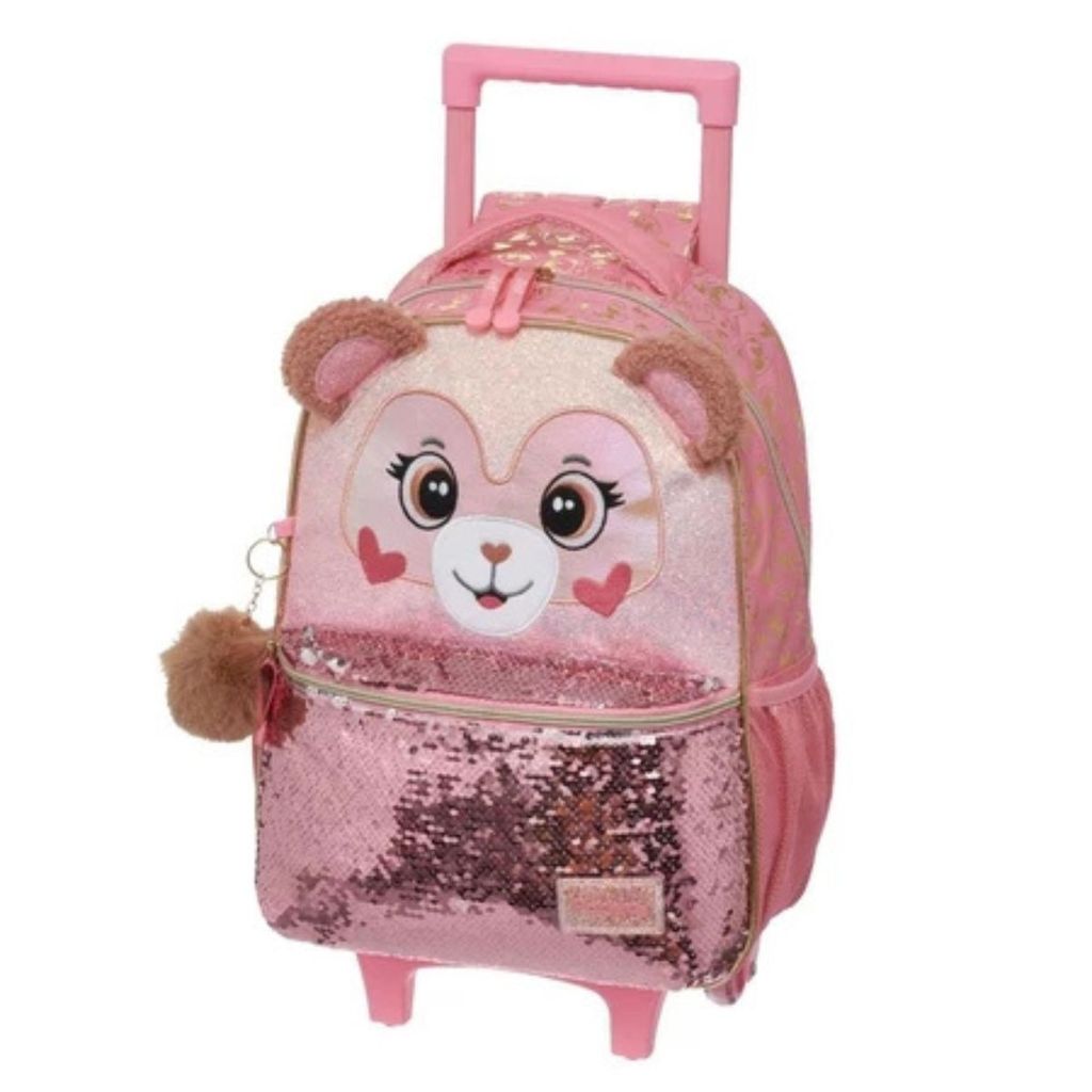  Mochila Rodinhas Ursinho Lantejoula Pack Me Teddy Bear Rosa Pacific