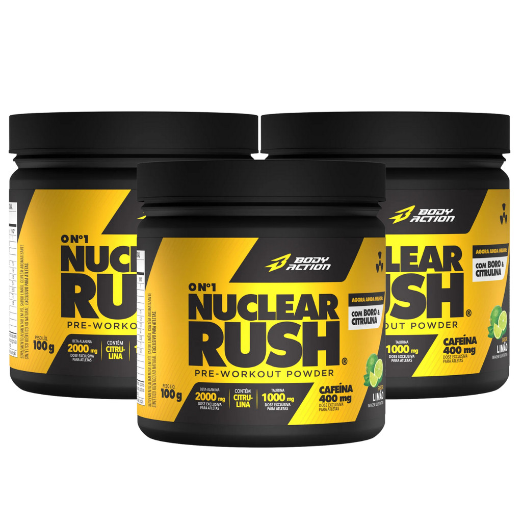 3x Pre treino Nuclear Rush Cafeína Body Action Limão 100g