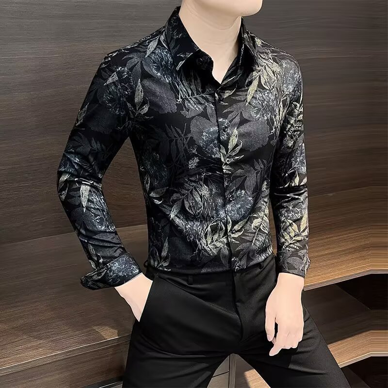 2025 Nova Camisa Masculina de Manga Longa com Estampa Floral Camisa Havaiana Estilosa Casual de Ajuste Solto Camisa de P