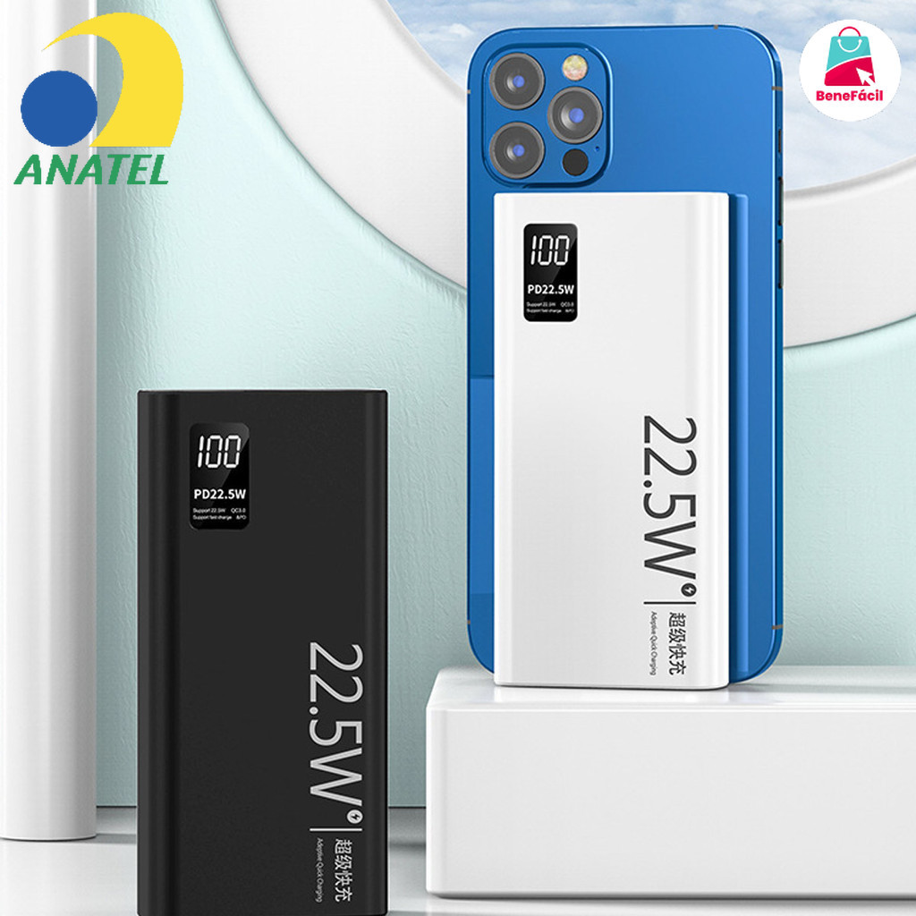 Power Bank 20000mAh 22.5W Carregamento Rápido com Tela LCD e Dupla Entrada - Carregamento Seguro p/ Celular e Tablet