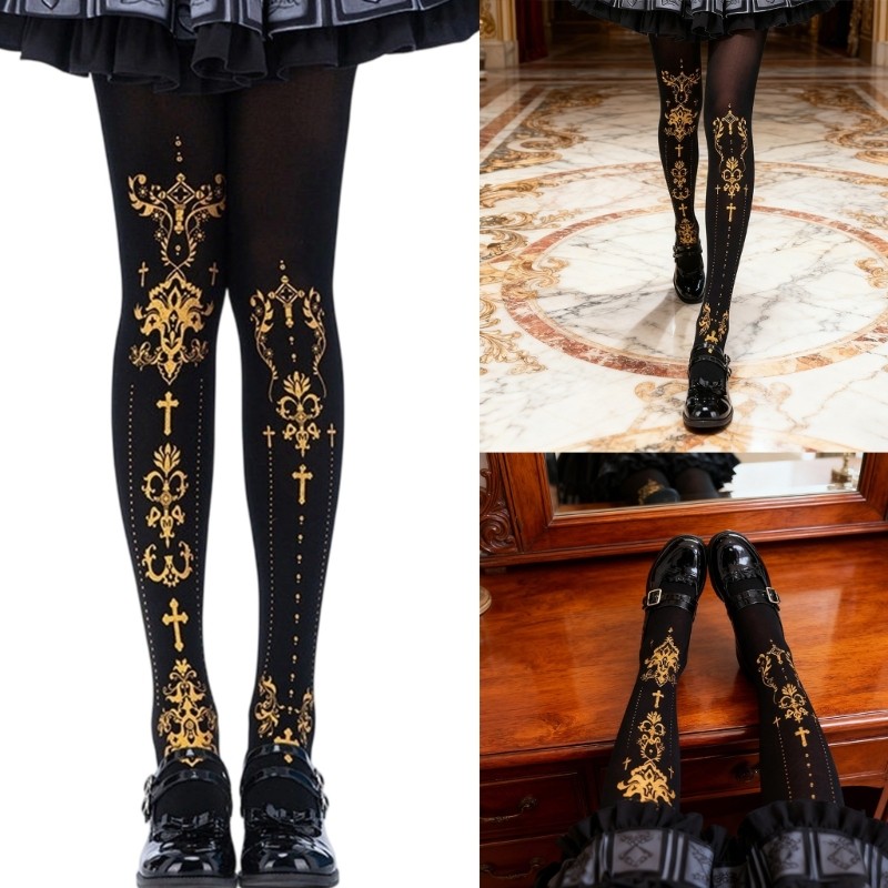 Hi * Meia-Calça Feminina Elegante Estampa Cruzada Opaca, Gótica, Grunge, Design Estético, Para Festivais Músi