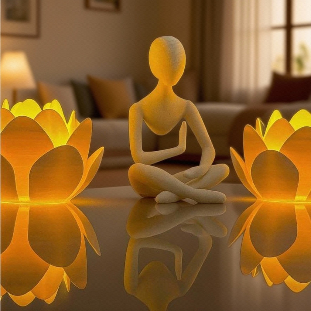 Imagem Kit Decoração Zen com Velas LED | Suporte Flor de Lótus + Estátua Meditação | Decoração Sala Quarto Yoga
