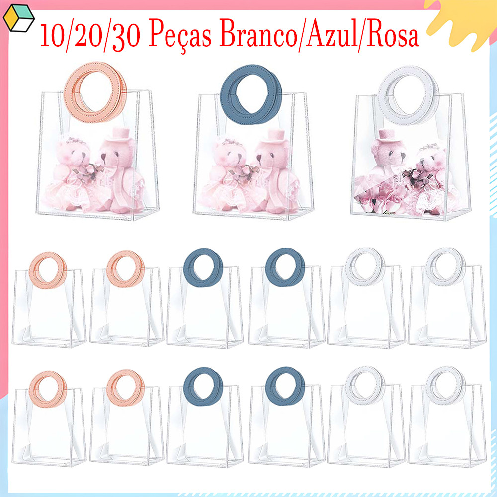 16 x 8 x 18 cm, 10/20/30 Peça sacolas plásticas transparentes com alça redondas para casamento, aniversário, chá de bebê