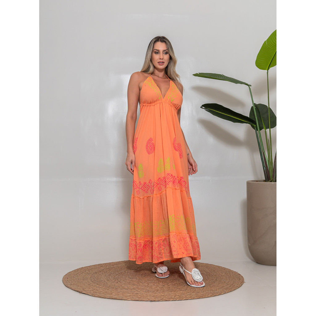 Vestido Longo BohO Chic Estampado Alça Halter, Decote V e Modelagem Soltinha-#AF-16