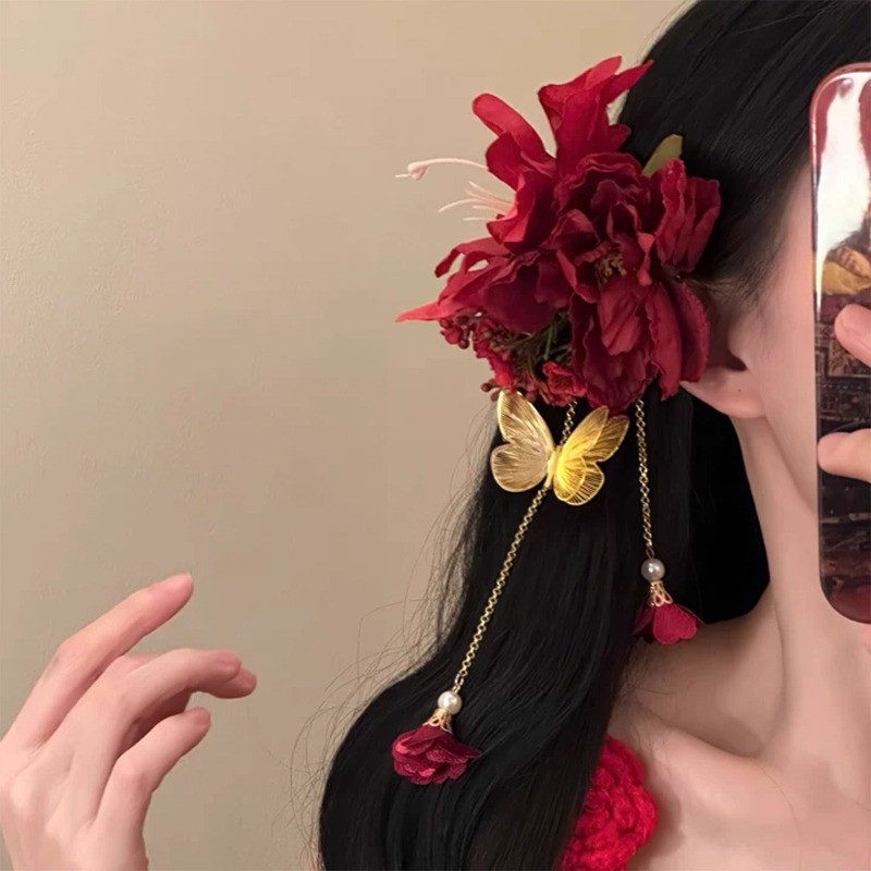 " Moonlight Red Tang " 2026 Grampo De Cabelo De Flor Vermelha De Ano Novo Clipe Lateral Headgear Head Flower Hairpin Ace