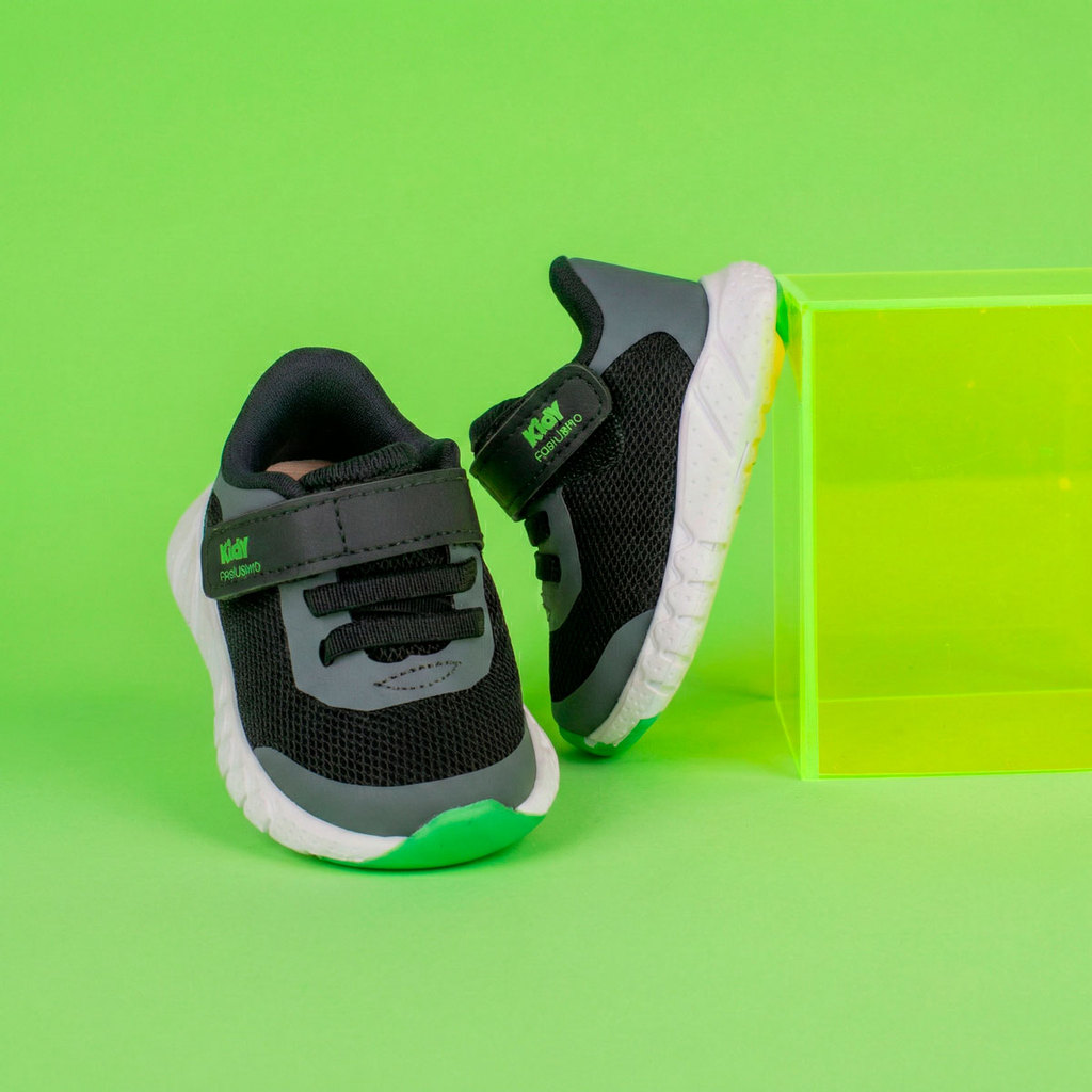 Tênis Infantil Menino Kidy Equilíbrio Preto Verde Primeiros Passos Confortável Leve Calce Fácil em Oferta na Shopee