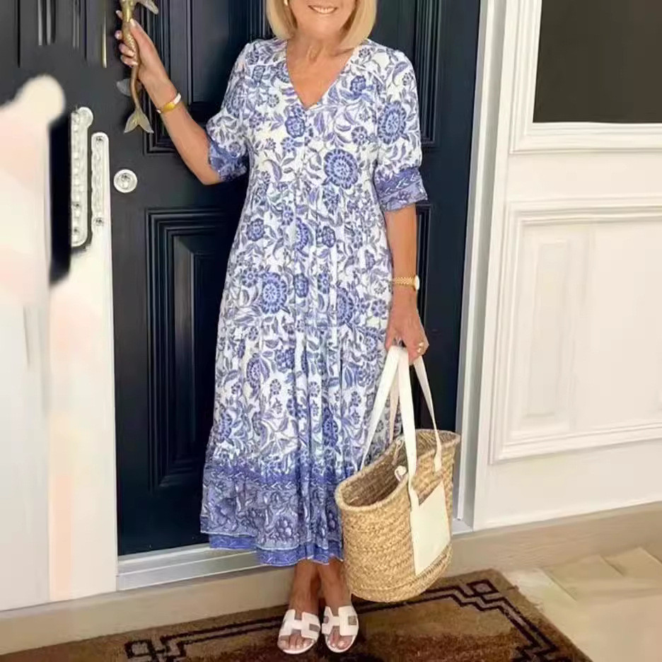 Novo vestido feminino roupa feminina estilo tamanho grande com decote V vestido Floral à beira-mar férias praia vestido