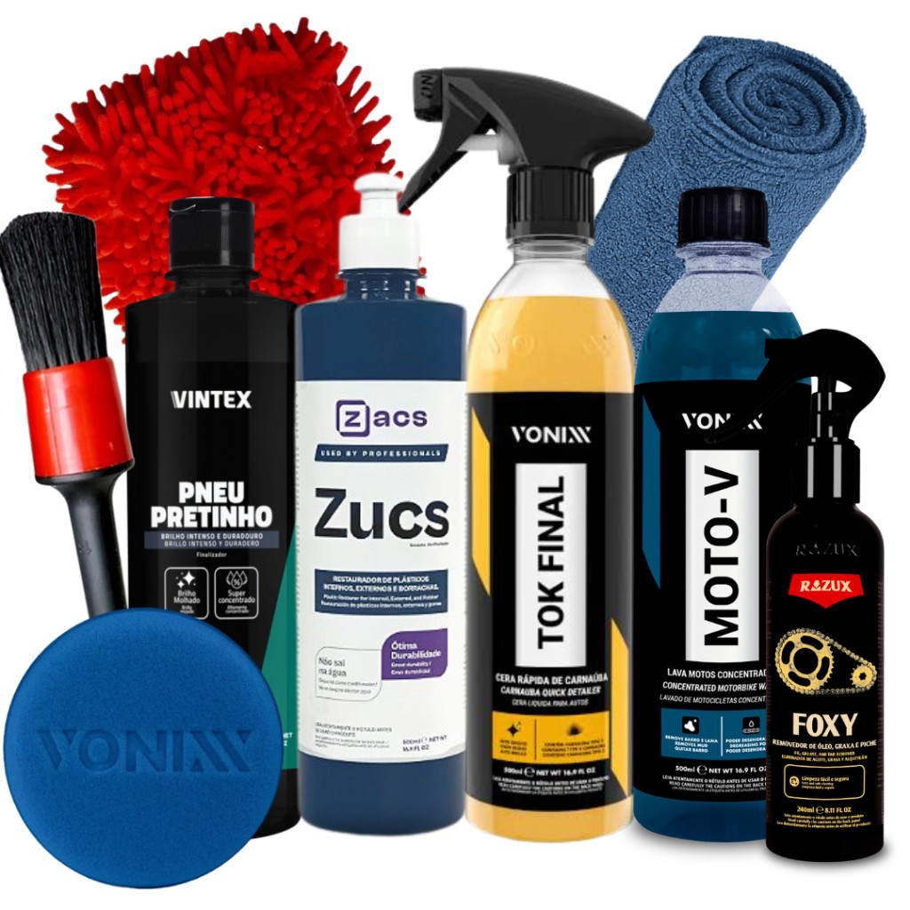 Kit Completo Para Lavagem de Moto Shampoo Moto-V Cera Tok Final Pneu Pretinho Foxy Zucs