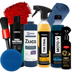 Kit Completo Para Lavagem de Moto Shampoo Moto-V Cera Tok Final Pneu Pretinho Foxy Zucs