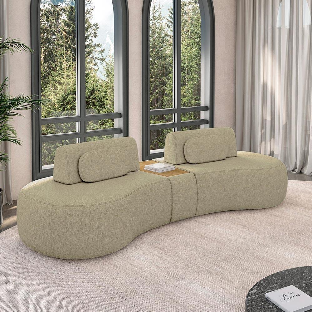 Imagem Sofá Sala de Estar Modulado França 302cm com Encosto Articulável Mesa Central e Almofadas Bouclê Bege G45 - Gran Belo