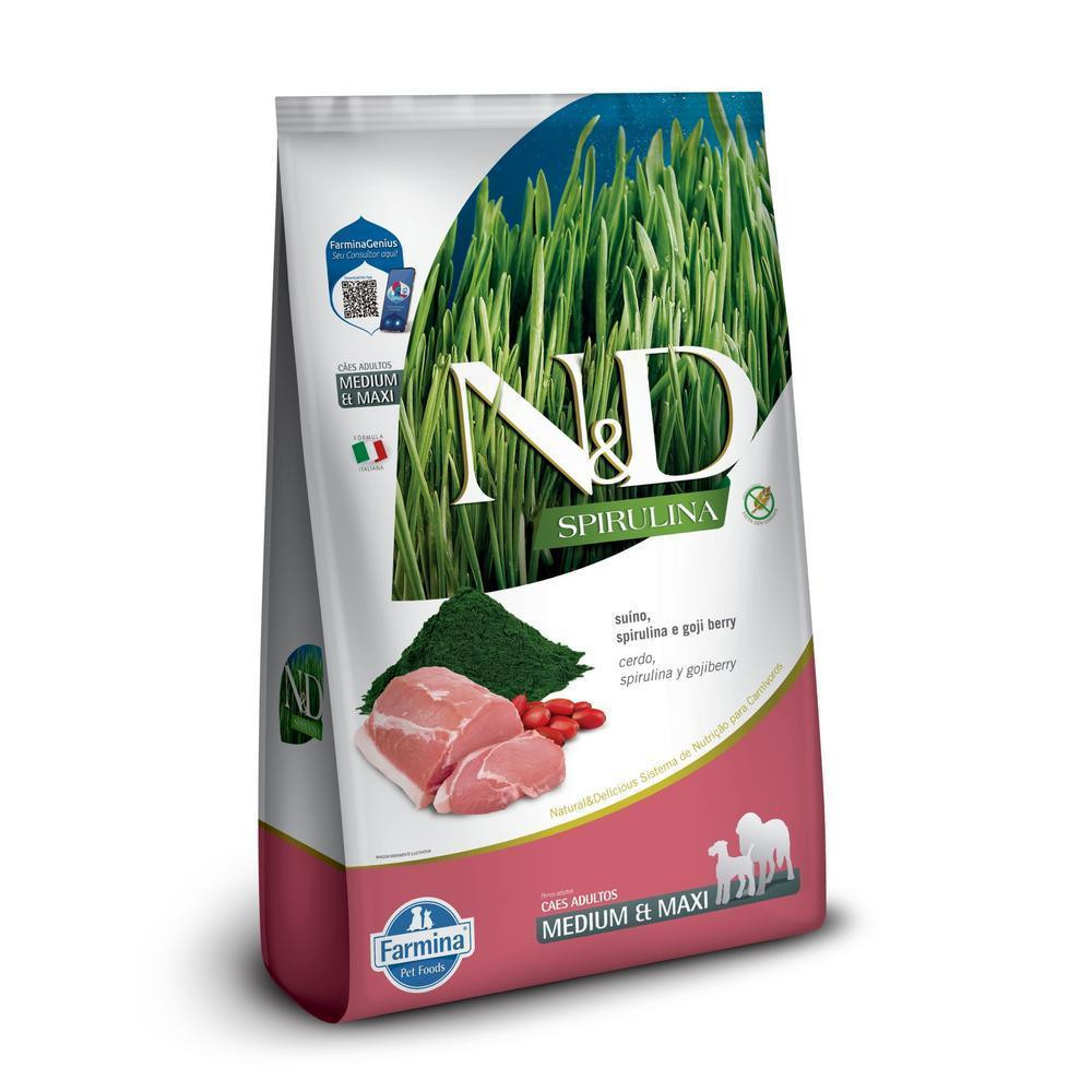 Cães Adultos de Raças Médias e Grandes Sabor Suíno, Spirulina e Goji Berry 10,1Kg N&D Spirulina