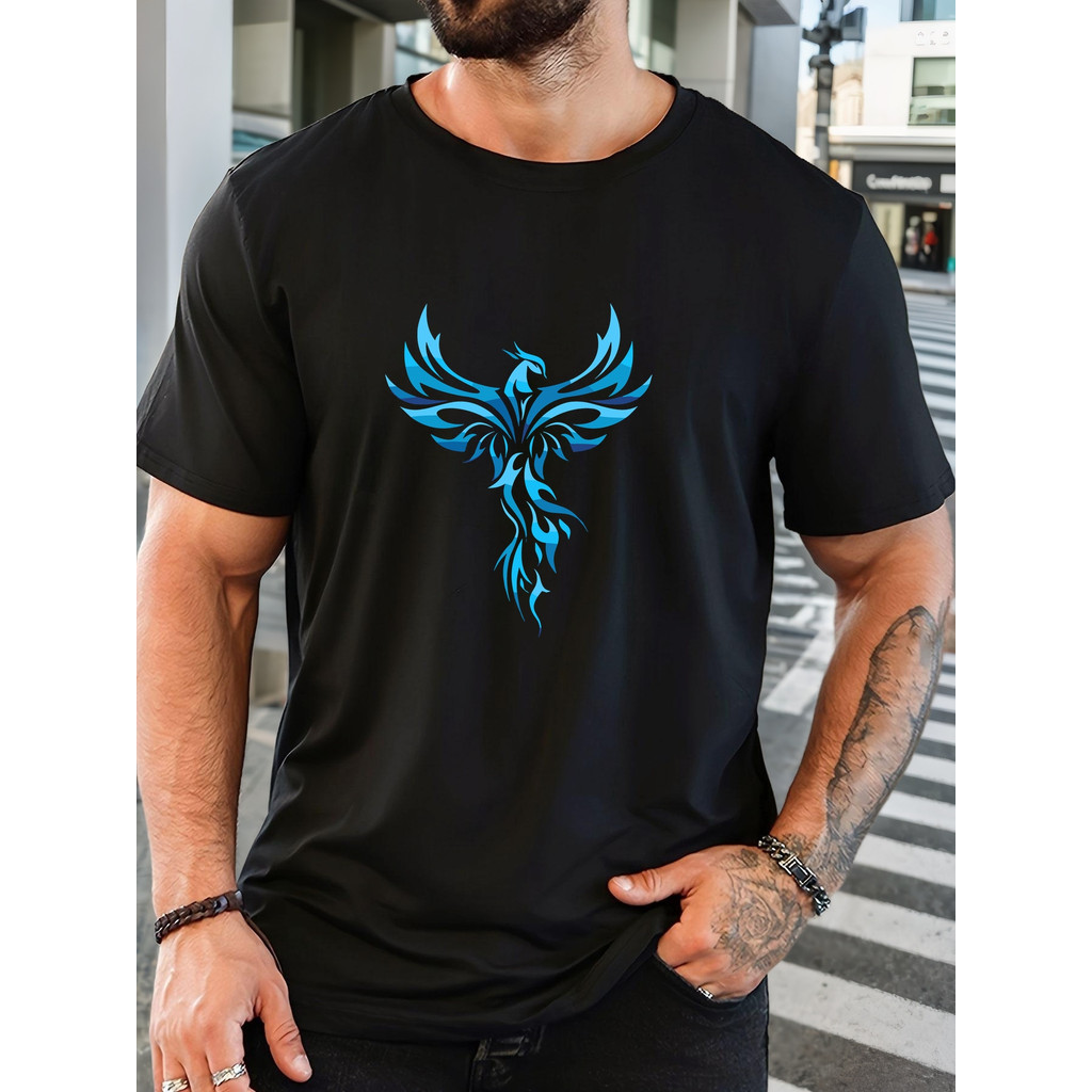 Camiseta Masculina Preta Fénix Azul Asa Turquesa Esportiva Confortável Moderna Estilosa Verão Ginásio