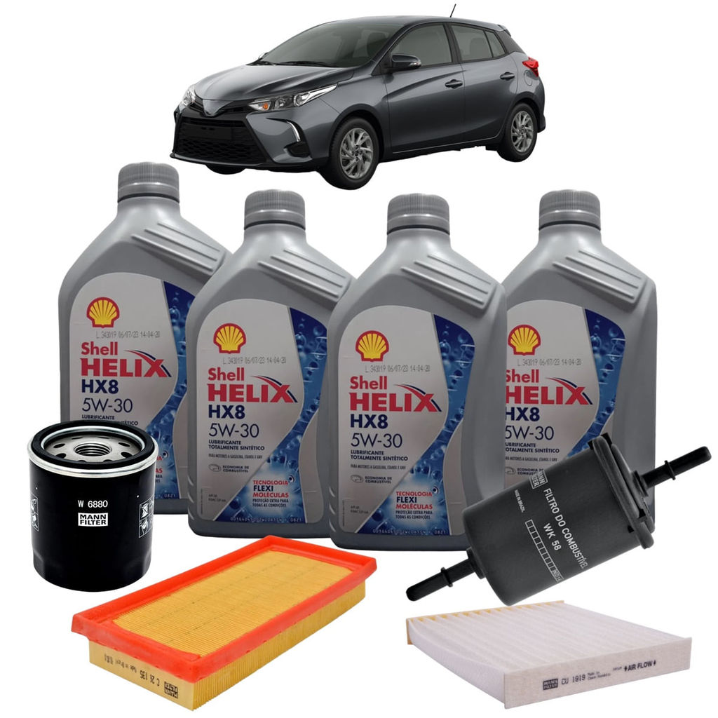 Kit Revisão 4 Litros de Óleo Shell Helix 5W30 Sintético HX8 + Kit de Filtros Mann Filter Toyota Yaris 1.3/1.5 16V Flex em Oferta na Shopee