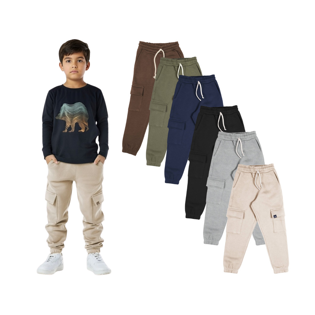 Calça Infantil Menino Moletom Cargo com Punho em Oferta na Shopee