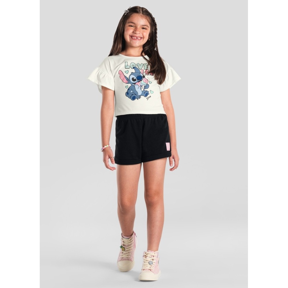 Conjunto Infantil Menina Brandili com Shorts Preto e Blusa Branca Stitch Love Ice Disney