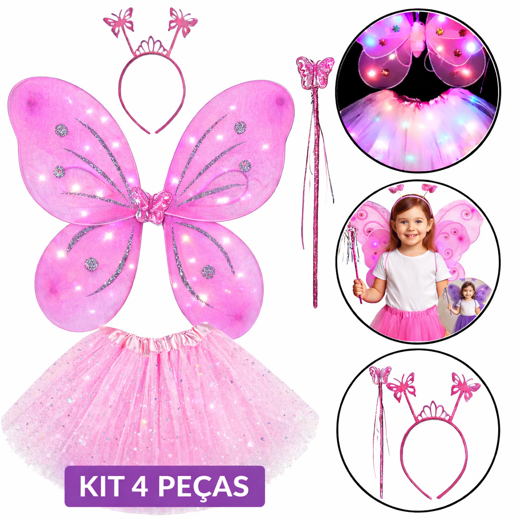 Kit Fantasia Carnaval Borboleta Asa Saia Tule Infantil Menina COM LED Tiara Varinha em Oferta na Shopee
