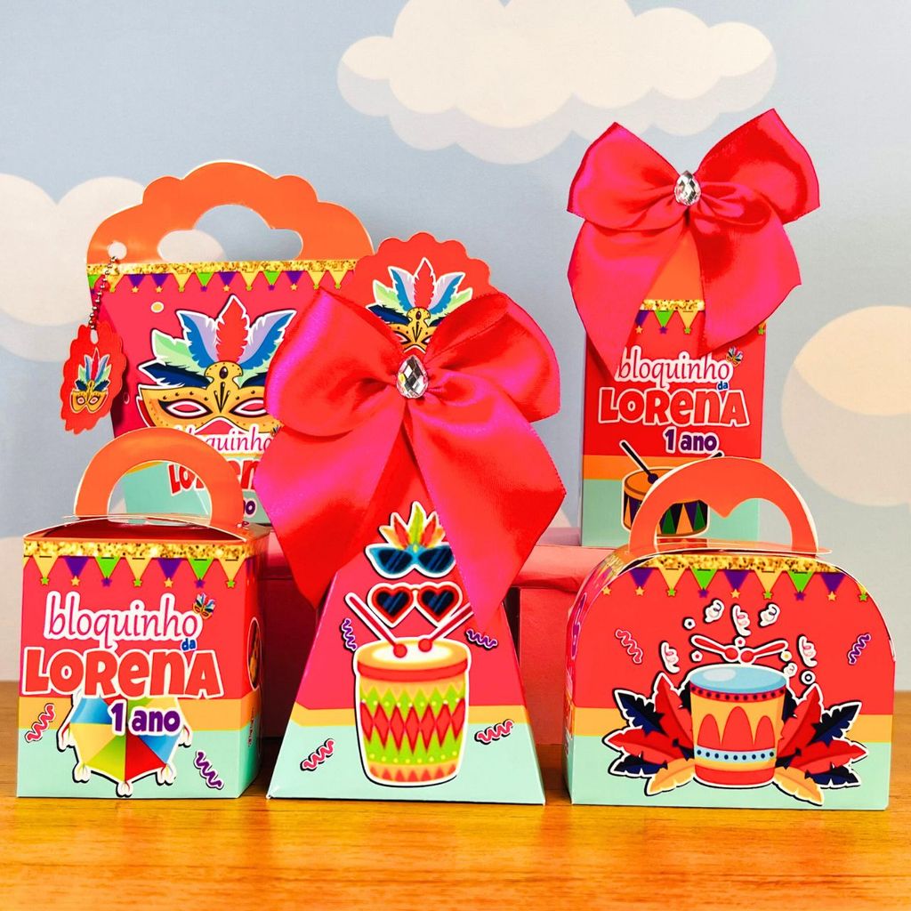 Kit Caixas Personalizadas Bloquinho de Carnaval Menina  | Lembrancinhas Festa Infantil e Aniversário montada e com laço