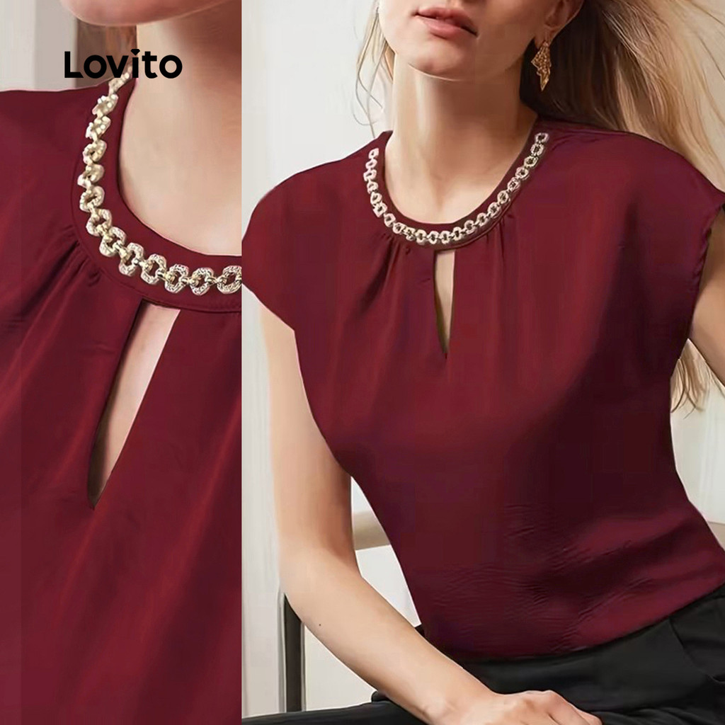 Lovito Blusa Casual De Festa Com Recortes Cor Vinho Ideal Para a Primavera/verão LK2ED830 em Oferta na Shopee