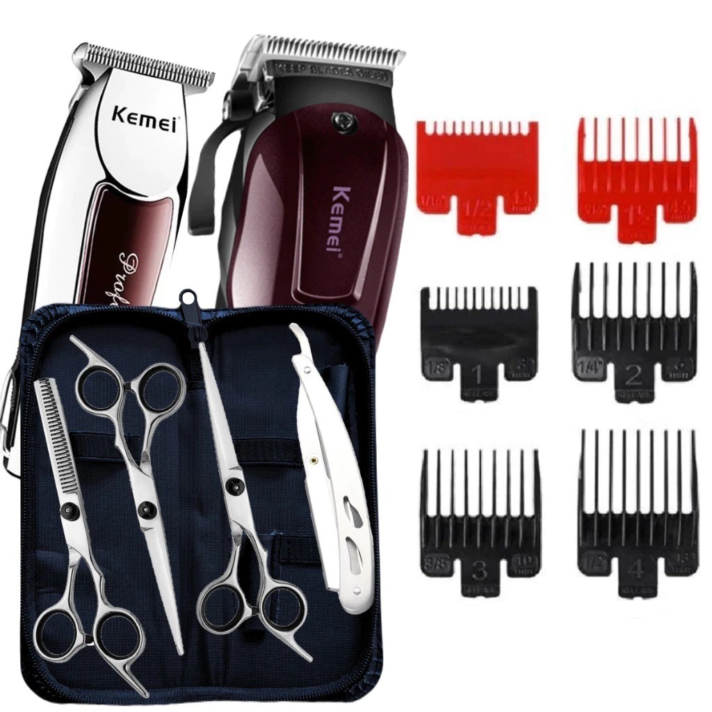 KitMaquinas de Cortar Cabelo + Kit Tesouras Profissionais Para Barbeiro Tesoura  KM2600 KM032