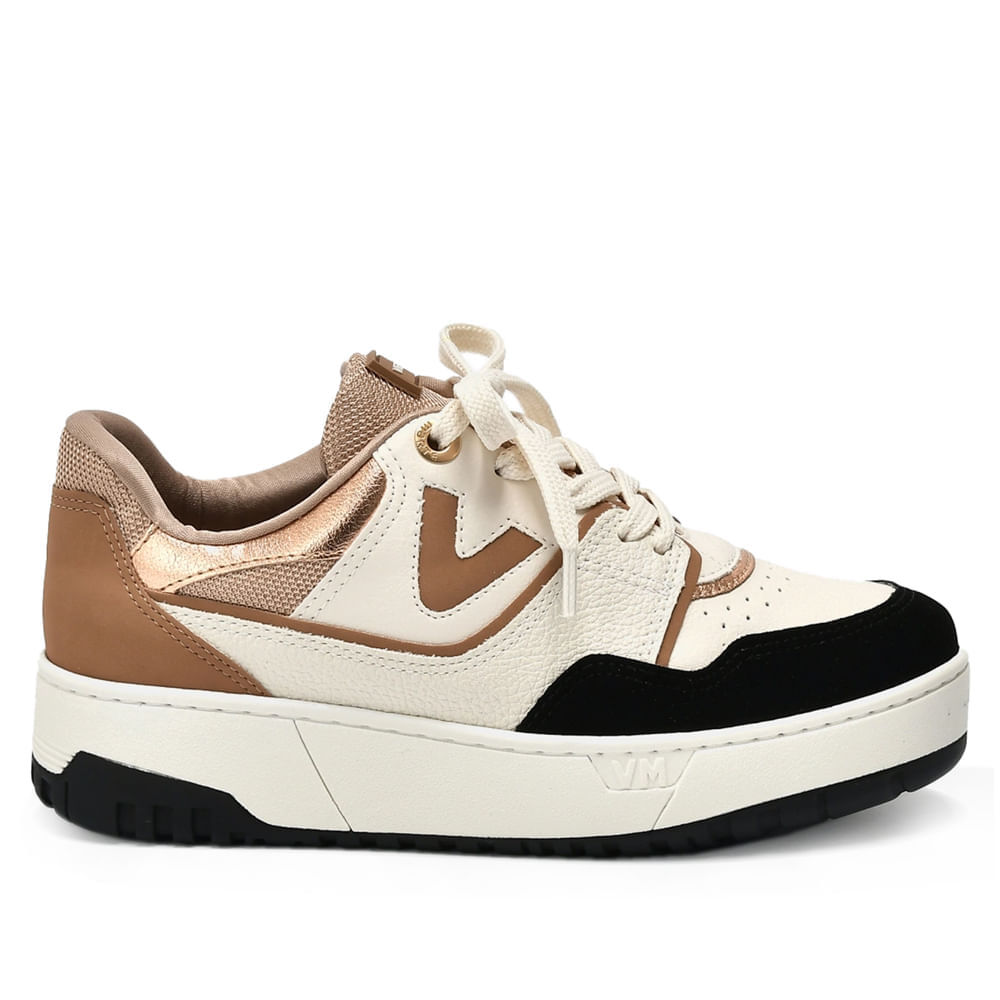 Tênis Feminino Via Marte Flatform com Recortes Metalizados Off White/Preto em Oferta na Shopee