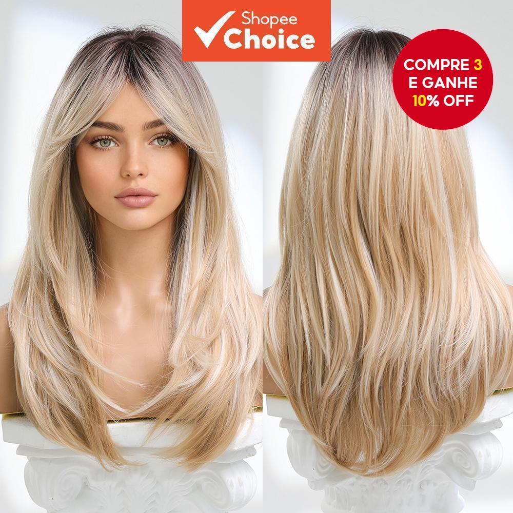 Peruca Longa Loira Ombre Com Franja Em Camadas De Cabelo Sintético Para Mulheres , Natural E Resistente Ao Calor