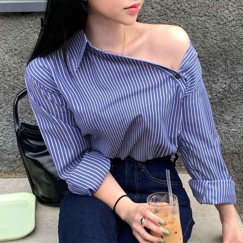 Lovito Blusa Casual Listrada Com Botões Assimétricos Para Mulheres L99ED1021 em Oferta na Shopee
