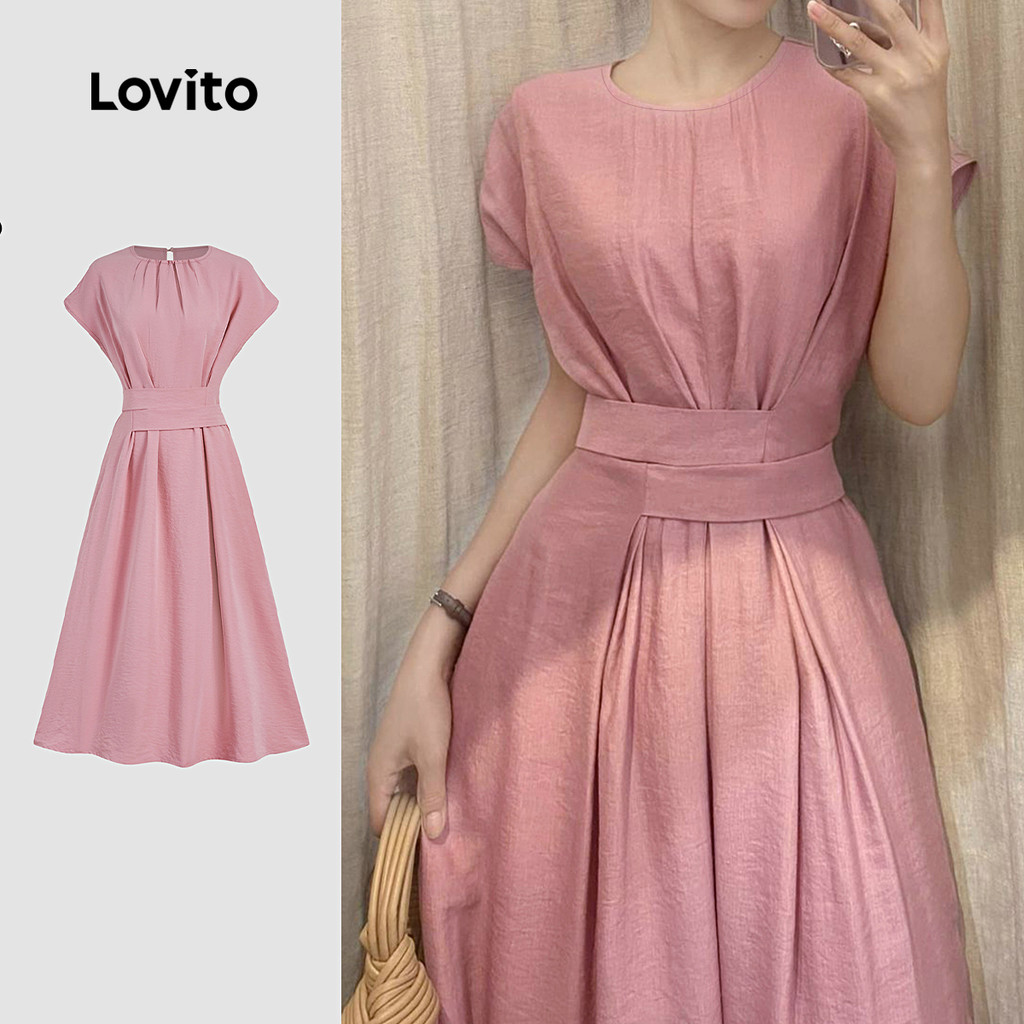 Lovito Vestido Casual Feminino Liso Verão/primavera Vestido Com Cinto L131LD1014 em Oferta na Shopee