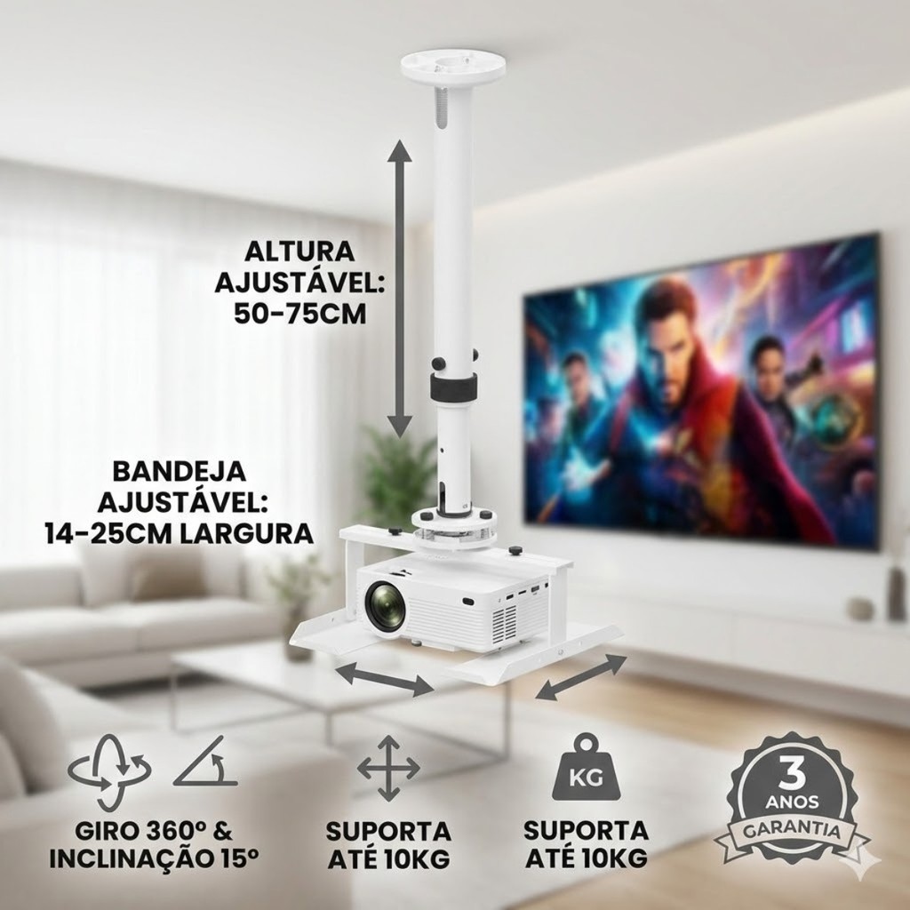 SUPORTE PARA PROJETOR FIXO DE TETO COM BANDEJA COM ROTACAO INCLINACAO E AJUSTE DE ALTURA