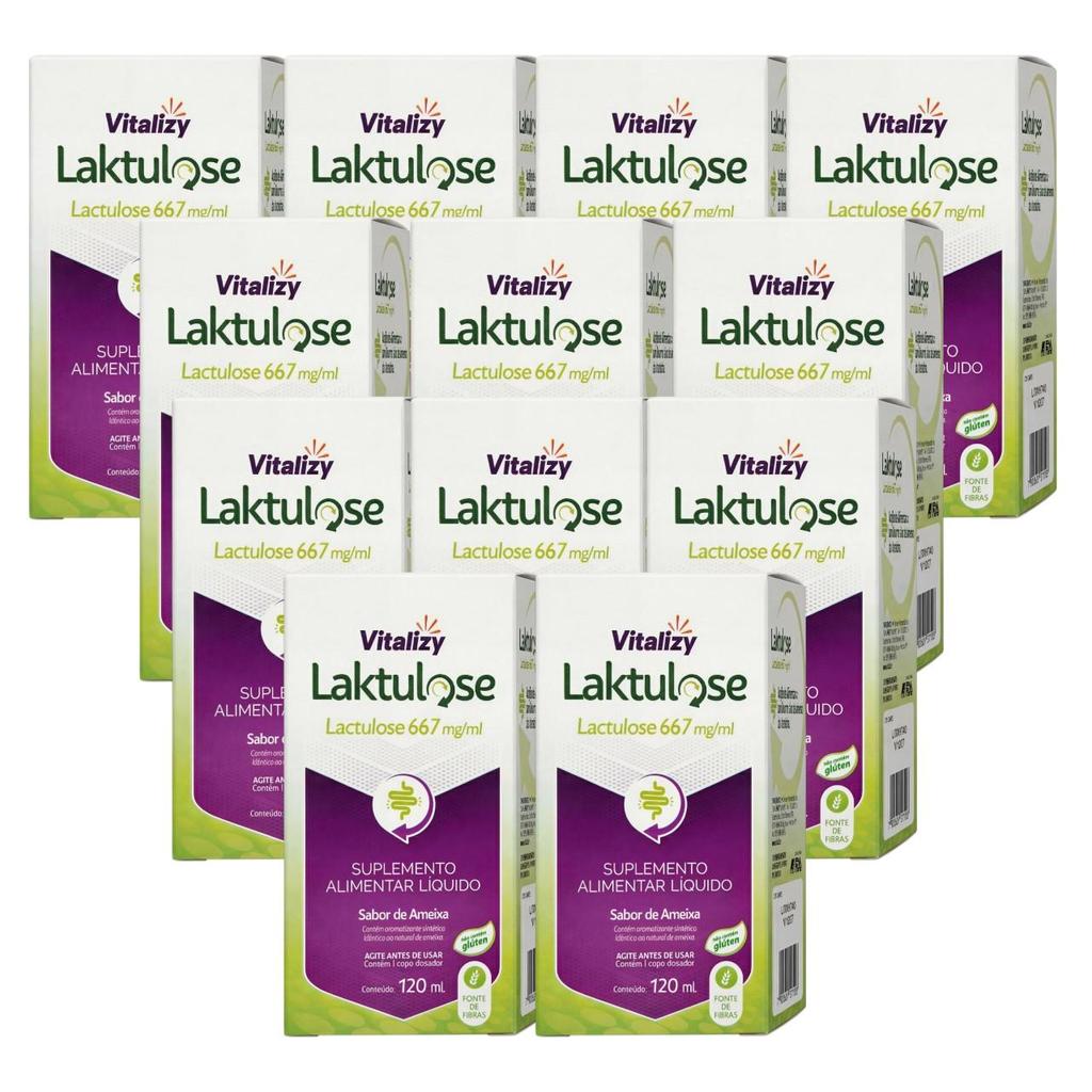 KIT Lactulose 12 Caixas de 120ml cada Vitalizy 667mg/ml  Ameixa Regulador Intestinal Sem Glúten Fonte De Fibras Natural