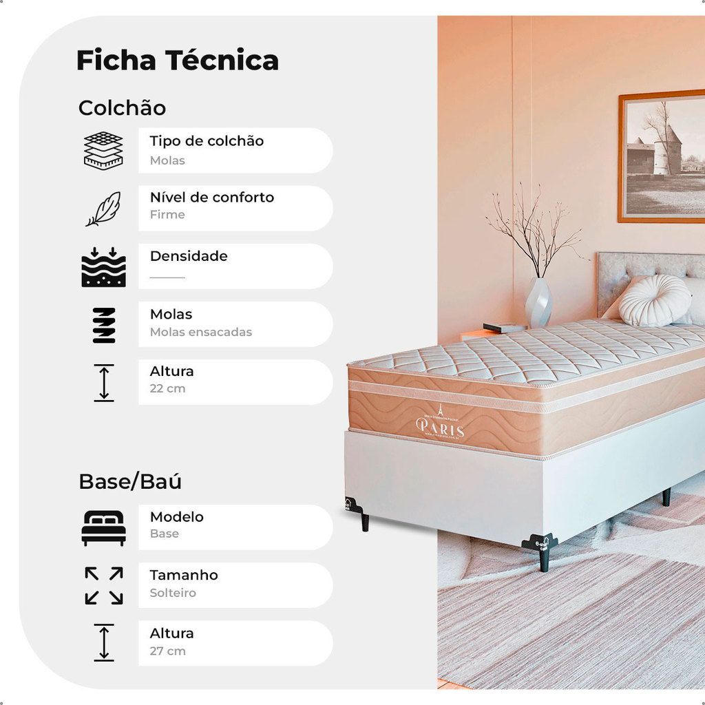 Cama Box Solteiro Branco + Colchão Paris Molas Ensacadas · foto 2