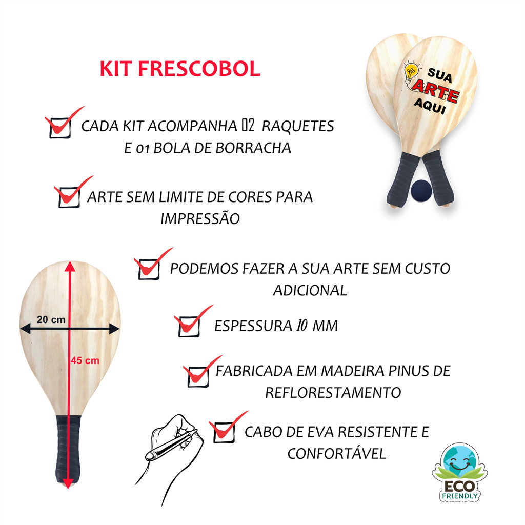 1 Kit Personalizado de 2 Raquetes de Frescobol 1 Bolinha