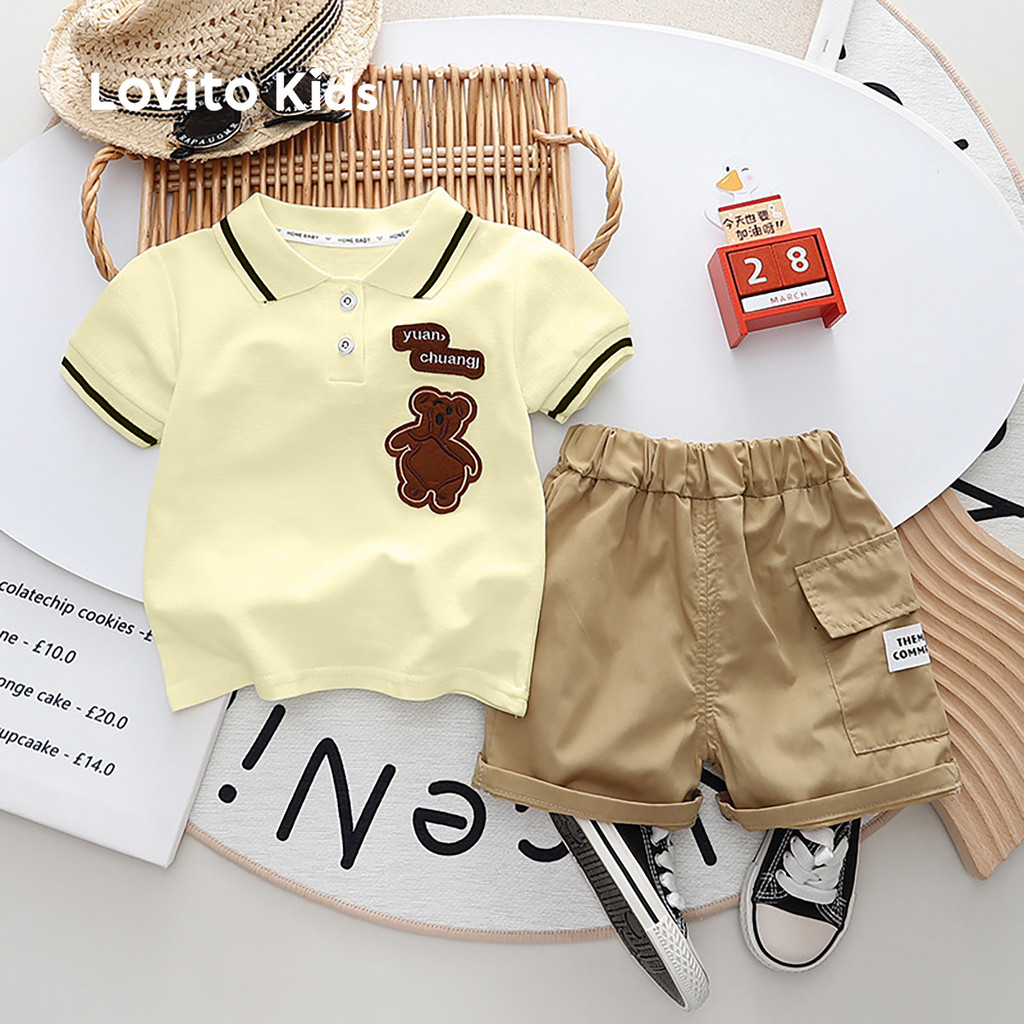 Lovito Kids Conjuntos de Shorts Fofos com Bolso Primavera/verão - Conjuntos de Shorts Cáqui para Menino LNL123029 em Oferta na Shopee