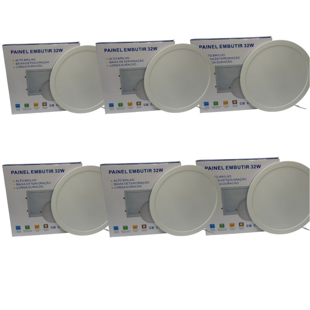 KIT 6 Luminária Plafon LED 32w Redondo Embutir Branco Frio 6500k/Neutro 4000k de PVC bivolt Pop 1ª Linha Promoção