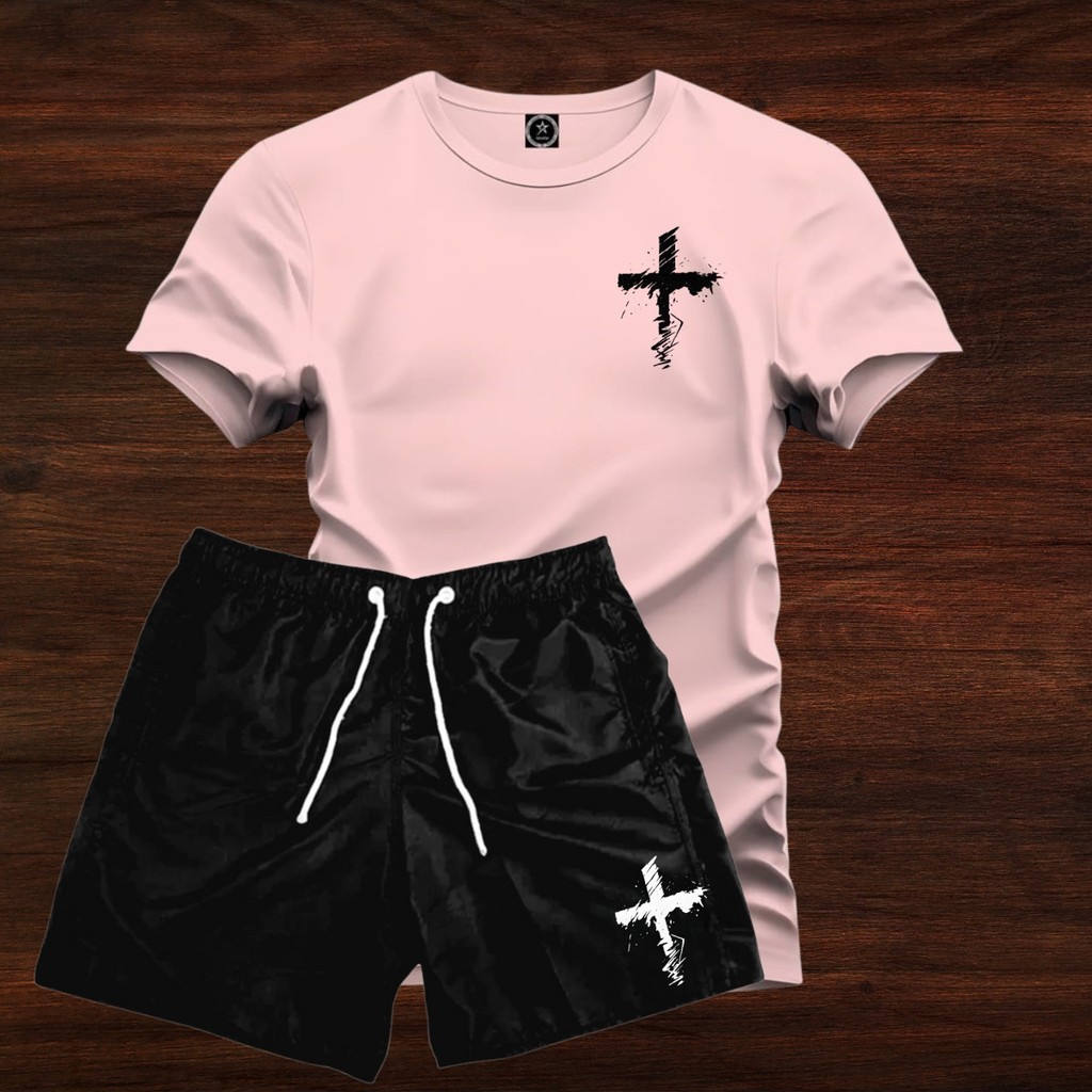 Kit Conjunto Camiseta Cruz Riscada Algodão+Bermuda Tactel Preto P ao GG em Oferta na Shopee