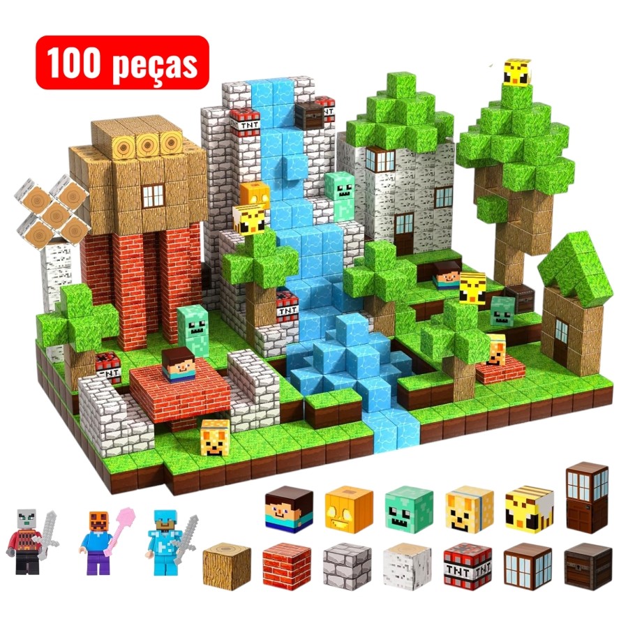Kit 100 Cubos Magnéticos 2cm + 3 Bonecos Blocos de Montar Infantil Kit 100 Cubos Magnéticos 2cm + 3 Bonecos Blocos de Montar Infantil