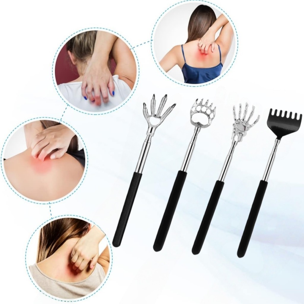 Kit Coçador de Costas Inox Extensivel 4 Unidades Coçador de Mao Telescopico Massageador Corporal com Saco Veludo