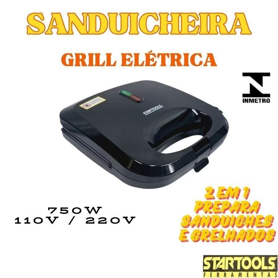 Sanduicheira Grill Elétrica 110 Ou 220V 750W Grelha Duplas 2 Em 1 Grelhados E Sanduíches 21,5x22x7,5