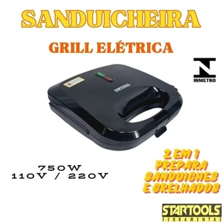 Sanduicheira Grill Elétrica 110 Ou 220V 750W Grelha Duplas 2 Em 1 Grelhados E Sanduíches 21,5x22x7,5