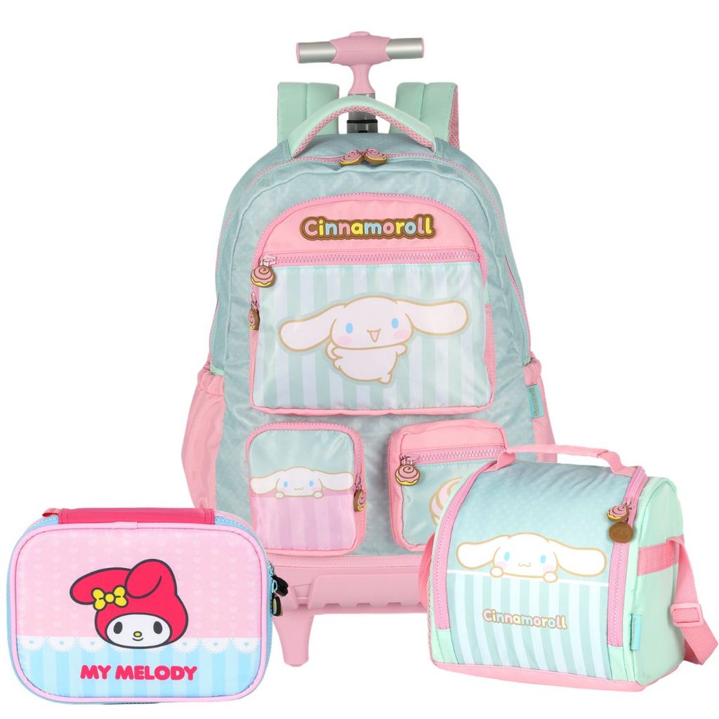 Kit Mochila Rodas My Melody e Cinnamoroll Estojo e Lancheira